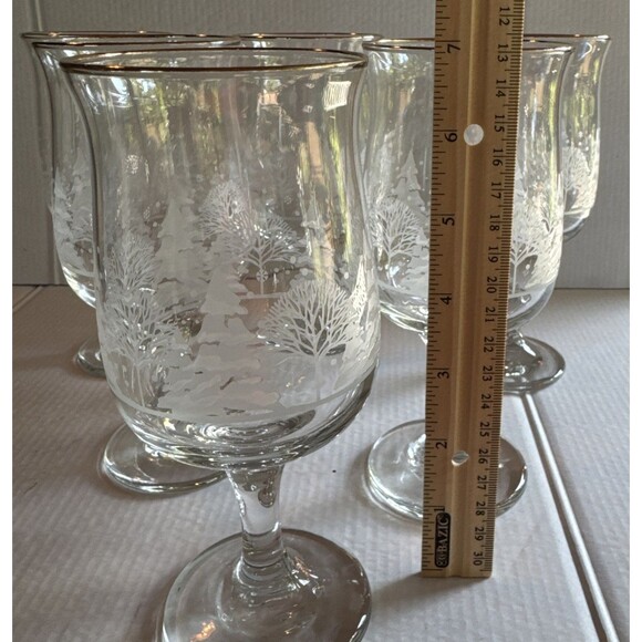 Libbey Winter Wonderland Christmas Etched 7" Wine Glasses W/Gold Rim-set Of 6 - Picture 4 of 4